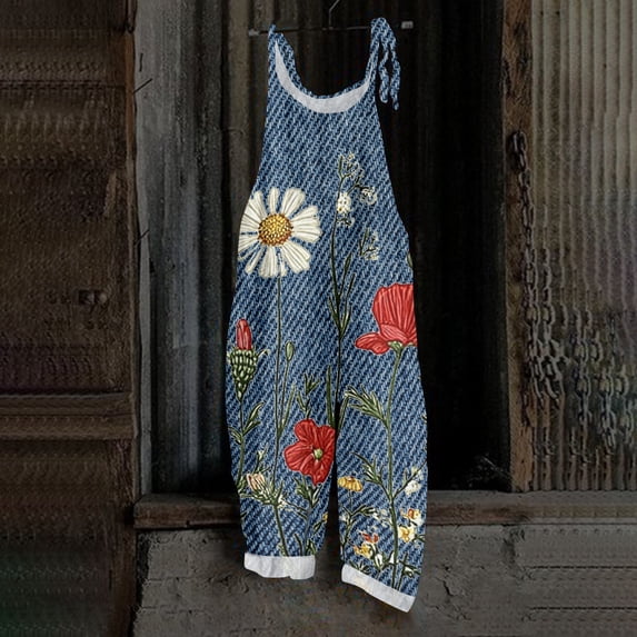 Iaqnaocc Overalls for Women Casual Boho Vintage Floral Printed Overalls for Women Loose Fit Sleeveless Wide Leg Spaghetti Strap Rompers Red M