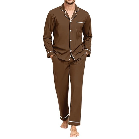Iaqnaocc Pajama Set for Men Cozy Soft Casual Long Sleeve Top and Pants 2 Piece Set Breathable Pjs for Men Light Brown M