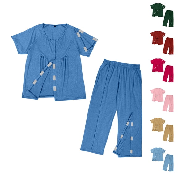 Iaqnaocc Pajamas for Women and Men Bedridden Patient Clothing Unisex Tear Away Suit Post Surgery Adaptive Clothing With Fully Open on Both Sides Hospital Gown Medical Tops and Pants Set Blue S