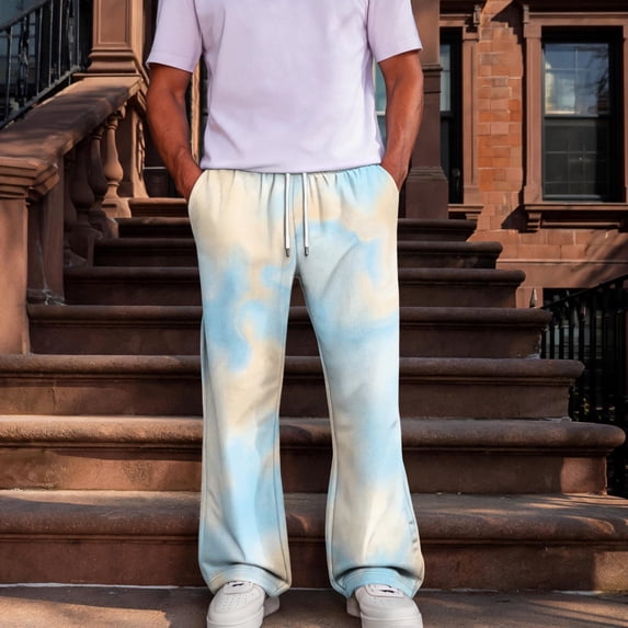 Iaqnaocc Pants for men Tie Dye Casual Baggy Lightweight Wide Leg Lounge Travel Pants Streetwear with Pockets White S