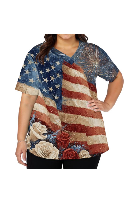 Patriotic Scrub Tops Women 4th of July American Flag Floral Print Nurse Working Uniforms Fashion V-Neck Side Slits Scrub Shirt July 4th Celebration Short Sleeve Nursing Scrubs Red S