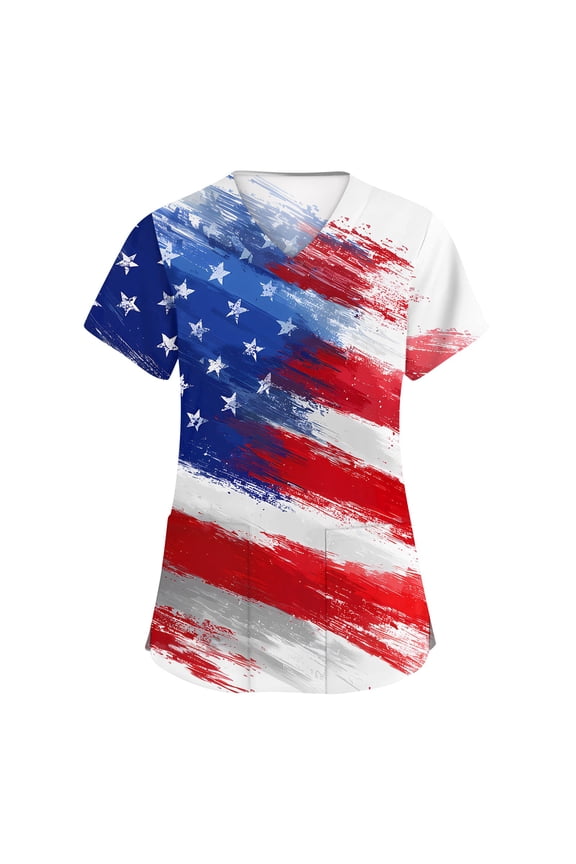Patriotic Scrub Tops Women 4th of July American Flag Stars Nurse Working Uniforms Retro V Neck Scrub Tops Independence Day Short Sleeve Medical Freedom Workwear with Pockets Red XL