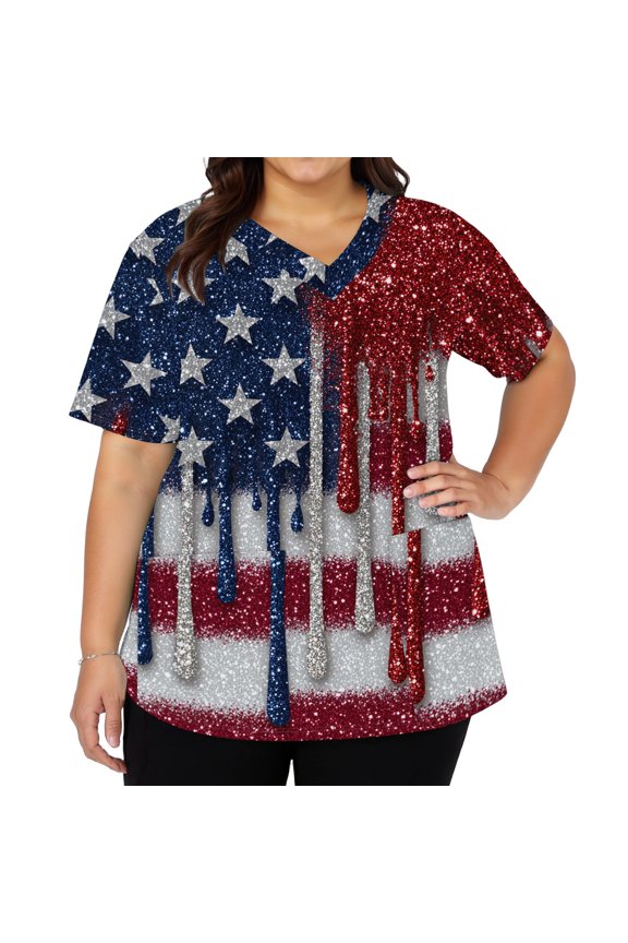 Patriotic Scrub Tops Women 4th of July American Flag Stars Nursing Uniform Retro V-Neck Side Slits Scrub Shirt July 4th Celebration Short Sleeve Medical Freedom Workwear Red 5XL