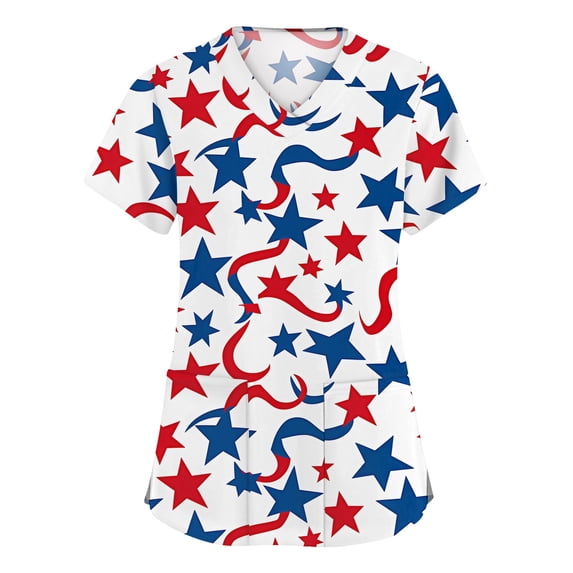Iaqnaocc Patriotic Scrub Tops Women 4th of July American Flag Stars Nursing Uniform Stretchy V Neck Scrub Shirt Independence Day Short Sleeve Medical Freedom Workwear with Pockets White L