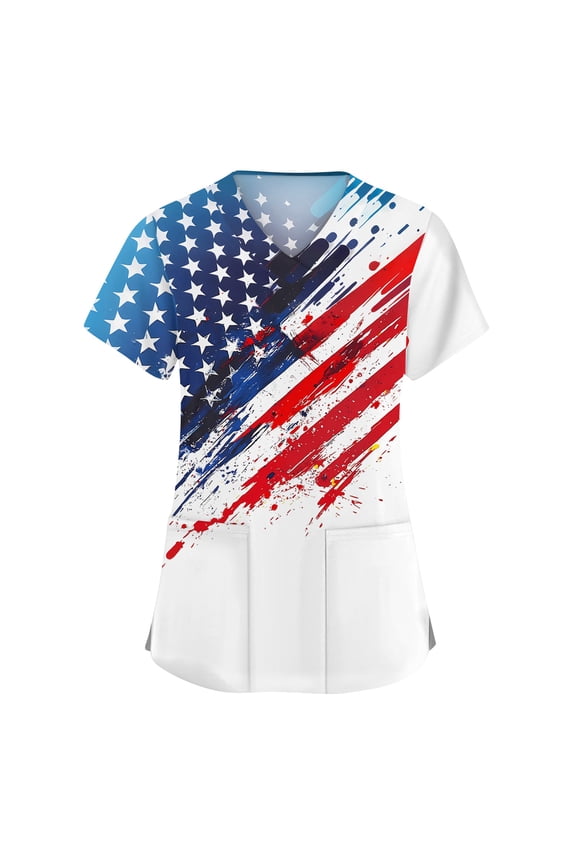 Patriotic Scrub Tops Women 4th of July American Flag Stars Nursing Uniform Trendy V Neck Side Slits Scrub Tops Independence Day Short Sleeve Nursing Scrubs with Pockets White M