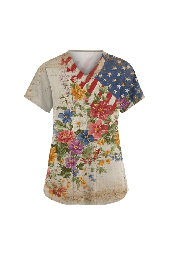 Patriotic Scrub Tops Women 4th of July American Flag Stars Nursing Uniform Trendy V-Neck Side Slits Scrub Tops Party Short Sleeve Medical Workwear with Pockets Complexion 3XL