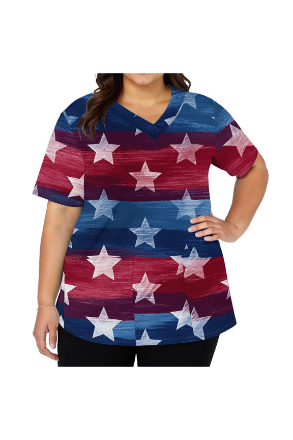 Patriotic Scrub Tops Women 4th of July American Flag Stars Striped Festival Nurse Uniforms Stretchy V Neck Side Slits Scrub Tops July 4th Celebration Medical Freedom Workwear Red 3XL