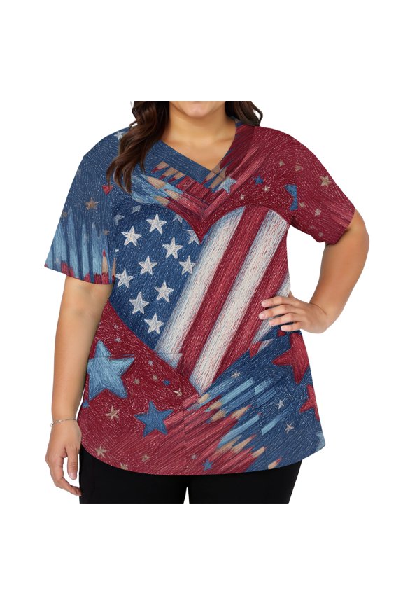 Patriotic Scrub Tops Women 4th of July American Flag Stars Striped Nurse Uniforms Fashion V Neck Side Slits Scrub Shirt July 4th Celebration Short Sleeve Medical Workwear Navy M