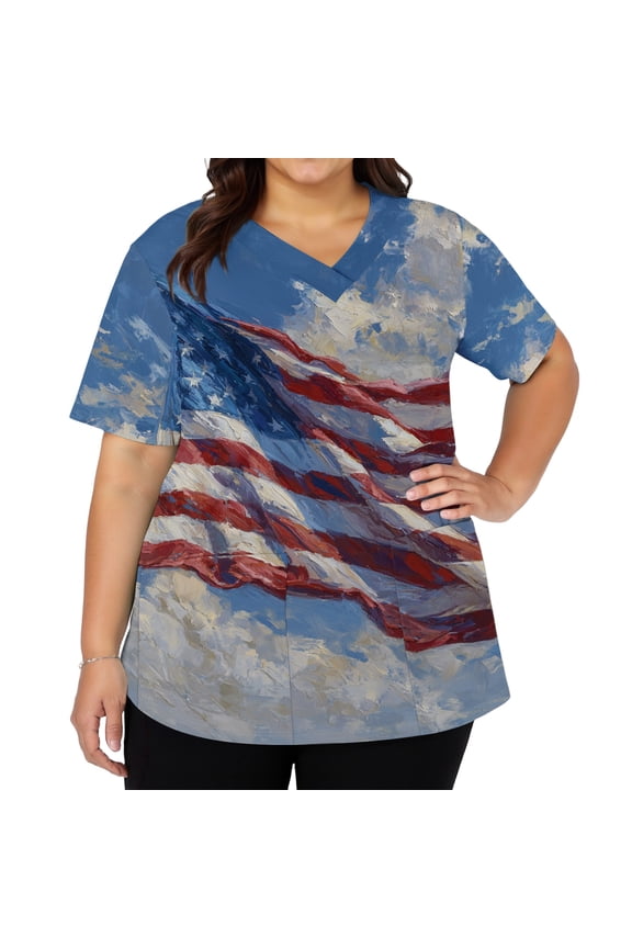 Patriotic Scrub Tops Women 4th of July American Flag Stars Striped Nursing Uniform Fashion V-Neck Side Slits Scrub Shirt July 4th Celebration Short Sleeve Nursing Scrubs White S