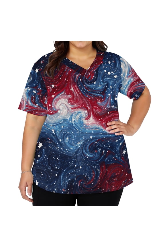 Patriotic Scrub Tops Women 4th of July Gradient Stars Nurse Uniforms Trendy V Neck Side Slits Scrub Shirt July 4th Celebration Short Sleeve Nursing Scrubs with Pockets White 4XL