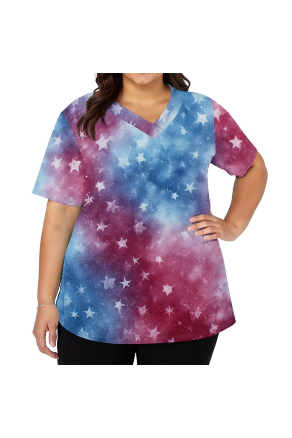 Patriotic Scrub Tops Women 4th of July Gradient Stars Nursing Uniform Trendy V Neck Side Slits Scrub Tops July 4th Celebration Short Sleeve Nursing Scrubs with Pockets White M