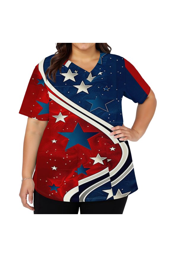 Patriotic Scrubs for Women 4th of July American Flag Stars Nurse Working Uniforms Fashion V-Neck Side Slits Scrub Tops Independence Day Short Sleeve Nursing Scrubs Dark Blue XL