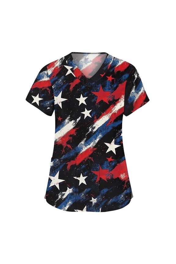 Patriotic Scrubs for Women 4th of July American Flag Stars Nursing Uniform Retro V Neck Side Slits Scrub Shirt July 4th Celebration Short Sleeve Nursing Scrubs with Pockets Black S