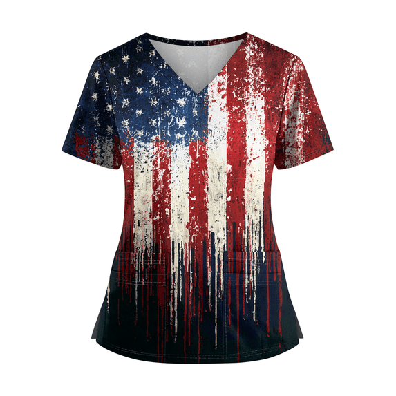 Iaqnaocc Patriotic Scrubs for Women 4th of July American Flag Stars Stripes Nursing Uniform Trendy V Neck Side Slits Scrub Tops Party Short Sleeve Medical Workwear with Pockets Navy 5XL