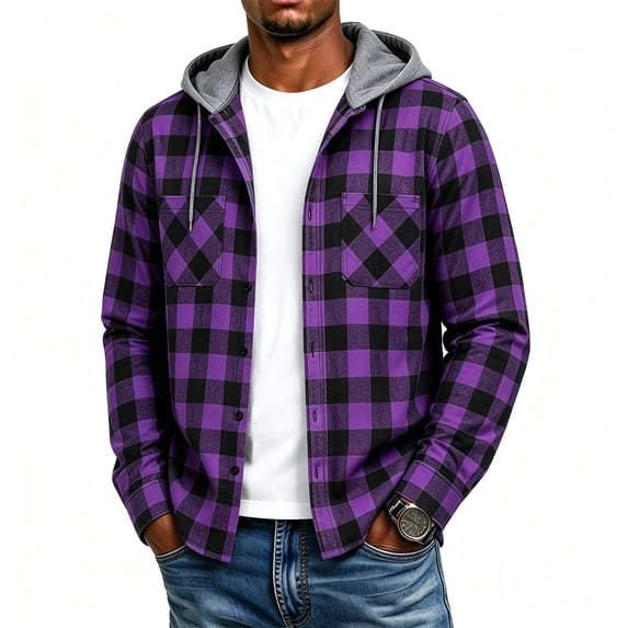 Iaqnaocc Plaid Flannel Mens Hoodies Shirts Long Sleeve Button Down Stylish Casual Classic Fall Hooded Jackets Shirt Purple XL