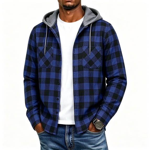 Iaqnaocc Plaid Flannel Mens shirts Hoodies Long Sleeve Button Up Casual Trendy Classic Fall Hooded Jackets Shirt Blue S