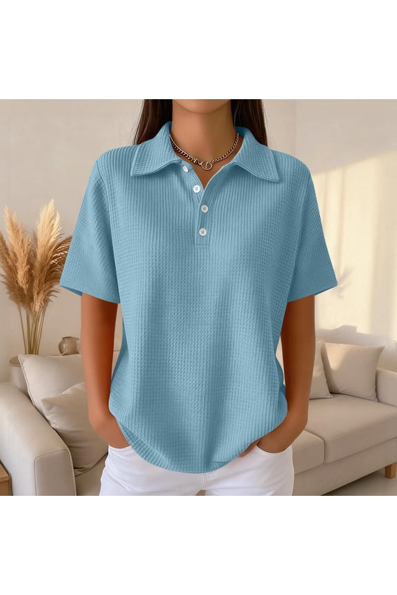 Polo Shirts for Women Casual Waffle Knit Short Sleeve Golf Polo Shirts Business Work V Neck Button Collared Blouses Trendy 2026 Summer Tees Sky Blue XXXL
