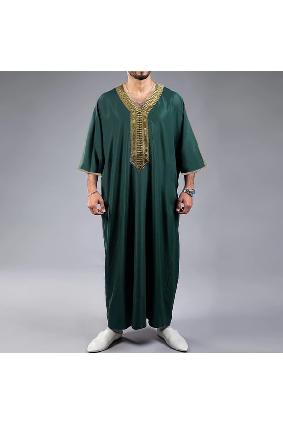Robe for Men Muslim Clothes Throbe islam for men Loose Lightweight V Neck Embroidered Middle East Kaftan Saudi Arab Caftans Islamic Abaya Mens Shirts Dark Green S
