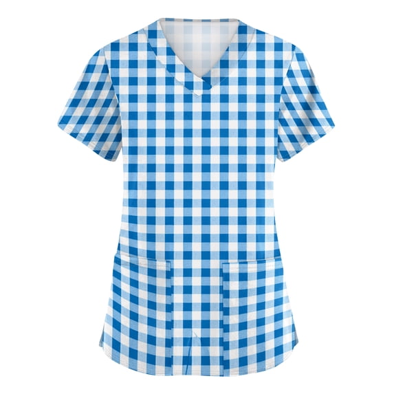 Iaqnaocc Scrub Tops Women Funny Blue Checkered Argyle Plaid Nurse Working Uniforms Fashion V Neck Side Slits Scrub Tops Party Short Sleeve Tees Blouse with Pockets Blue 2XL