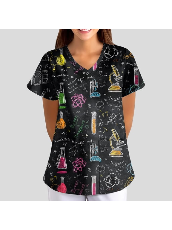 Scrub Tops Women Funny Cartoon Print Nurse Uniforms Fashion V Neck Side Slits Scrub Shirt Holiday Short Sleeve Medical Workwear with Pockets Navy 2XL