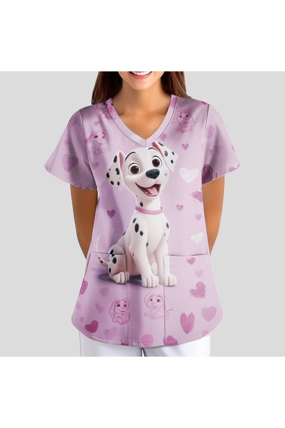 Scrub Tops Women Funny Dog Animal Print Nursing Uniform Trendy V Neck Side Slits Scrub Shirt Holiday Short Sleeve Tees Blouse with Pockets Watermelon Red S
