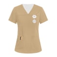 thumbnail image 1 of Iaqnaocc Scrub Tops Women Funny Solid Color Nurse Uniforms Trendy V-Neck Side Slits Scrub Shirt Party Short Sleeve Medical Workwear with 3 Pockets Khaki S, 1 of 4