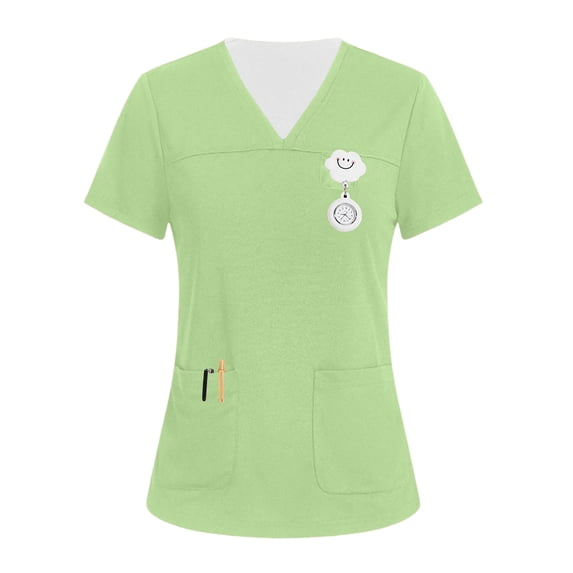 Iaqnaocc Scrub Tops Women Funny Solid Nurse Uniforms Fashion V-Neck Side Slits Scrub Shirt Holiday Short Sleeve Tees Blouse with 3 Pockets Light Green 4XL
