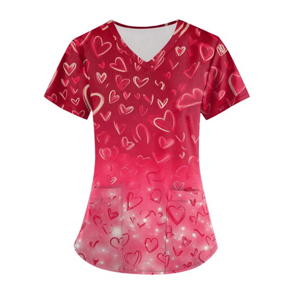 Iaqnaocc Scrub Tops Women Plus Size Cute Valentine's Hearts Print Scrub T Shirts V-Neck Soft Comfy Short Sleeve Nursing Tops with Pockets Wine S