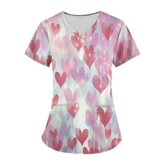 Iaqnaocc Scrub Tops Women Plus Size Fashion Valentine's Hearts Print Scrub Top V-Neck Soft Comfy Short Sleeve Nurse Doctor Unifroms with Pockets Light Purple XL