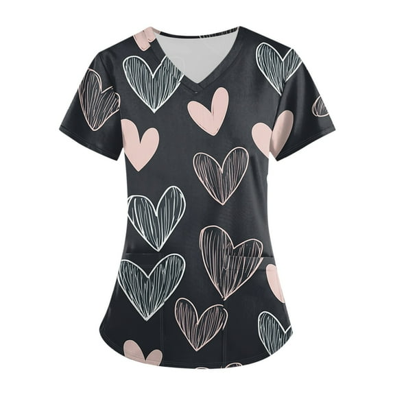 Iaqnaocc Scrub Tops Women Plus Size Lovely Valentine's Hearts Print Medical Workwear V-Neck Moisture Wicking Short Sleeve Nursing Tops with Pockets Black S