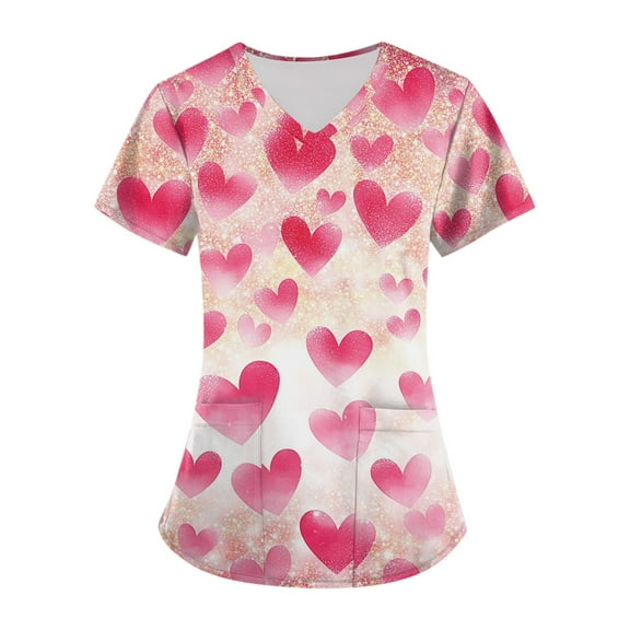 Iaqnaocc Scrub Tops Women Plus Size Lovely Valentine's Hearts Print Medical Workwear V-Neck Soft Comfy Short Sleeve Nursing Tops with Pockets Watermelon Red 5XL