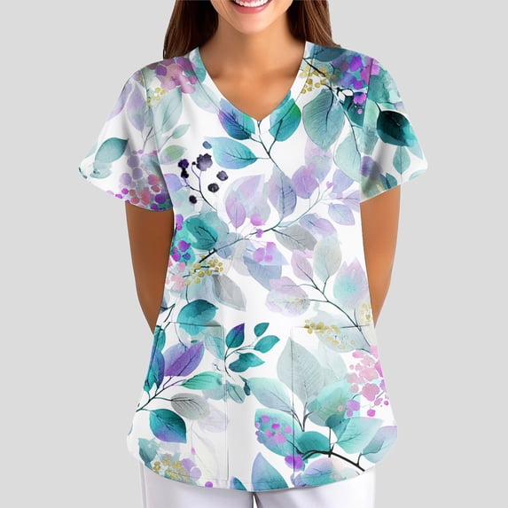 Iaqnaocc Scrub Tops Women Plus Size Maple Leaf Print Nurse Working Uniforms Fashion V Neck Side Slits Scrub Shirt Party Short Sleeve Medical Workwear with Pockets Light Blue L