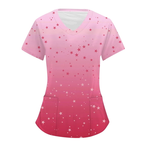 Iaqnaocc Scrub Tops Women Plus Size Trendy Valentine's Hearts Print Scrub Top V-Neck Soft Comfy Short Sleeve Nurse Doctor Unifroms with Pockets Hot Pink 2XL