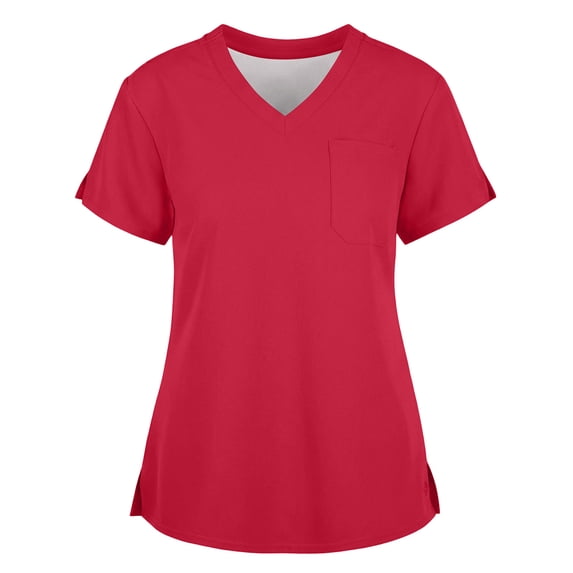 Iaqnaocc Scrubs for Women Classic Wrinkle-Resist Nurse Working Uniforms Trendy V-Neck Side Slits Scrub Shirt Breathable Short Sleeve Tees Blouse with Pockets Red XXL