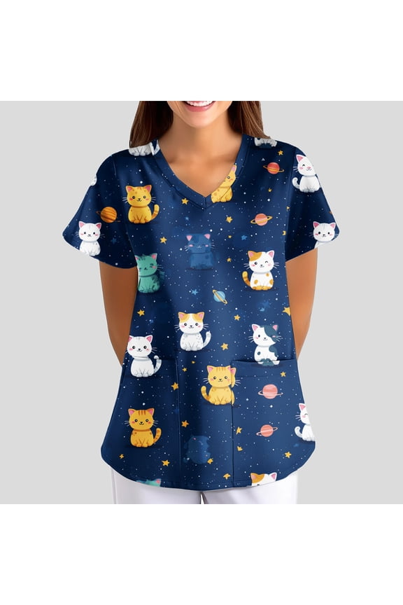 Scrubs for Women Funny Cat Animal Print Nurse Uniforms Trendy V-Neck Side Slits Scrub Shirt Party Short Sleeve Tees Blouse with Pockets Navy 3XL