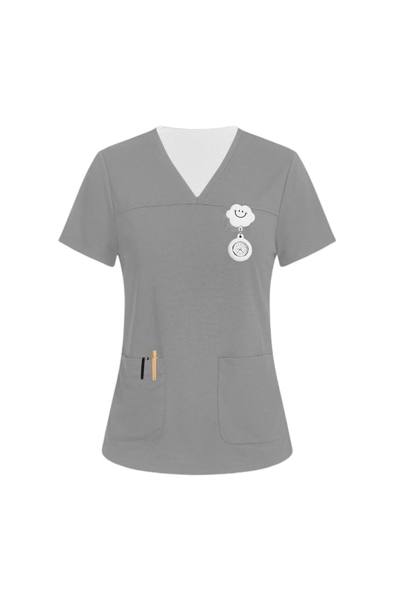 Scrubs for Women Funny Solid Color Nurse Uniforms Fashion V-Neck Side Slits Scrub Shirt Holiday Short Sleeve Tees Blouse with 3 Pockets Gray 3XL