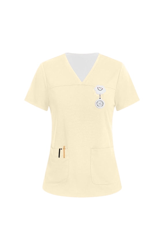 Scrubs for Women Funny Solid Color Nurse Uniforms Fashion V Neck Side Slits Scrub Shirt Party Short Sleeve Tees Blouse with 3 Pockets Beige L