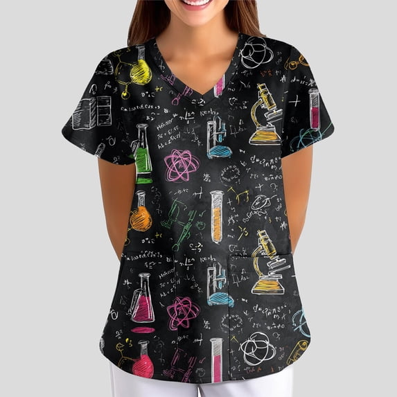 Iaqnaocc Scrubs for Women Plus Size Cartoon Print Nurse Uniforms Trendy V-Neck Side Slits Scrub Tops Party Short Sleeve Tees Blouse with Pockets Navy L