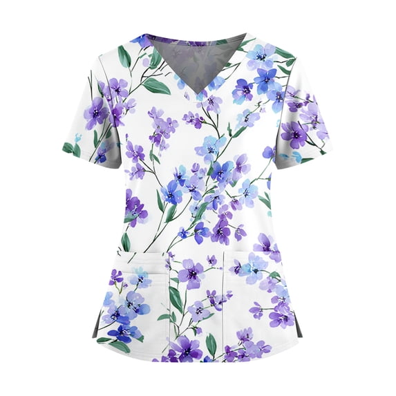 Iaqnaocc Scrubs for Women Plus Size Wrinkle-Resist Nursing Uniform Fashion V-Neck Floral Print Side Slits Scrub Shirt Breathable Short Sleeve Tees Blouse with Pockets Purple XL