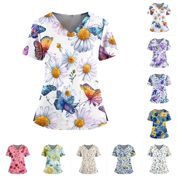 Iaqnaocc Scrubs for Women Premium Vintage Nurse Working Uniforms Fashion V Neck Floral Print Side Slits Scrub Shirt Ultra Soft Short Sleeve Medical Workwear with Pockets Multicolor L