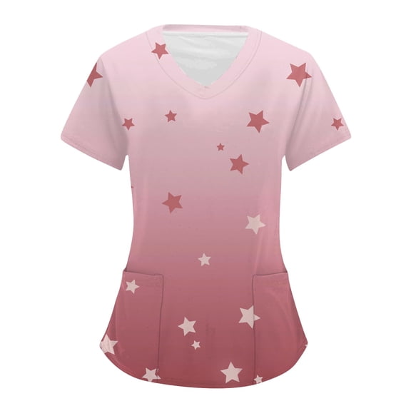Iaqnaocc Scrubs for Women Tops Plus Size Causal Valentine's Hearts Print Scrub Top V-Neck Soft Comfy Short Sleeve Nurse Doctor Unifroms with Pockets Purple Pink 2XL
