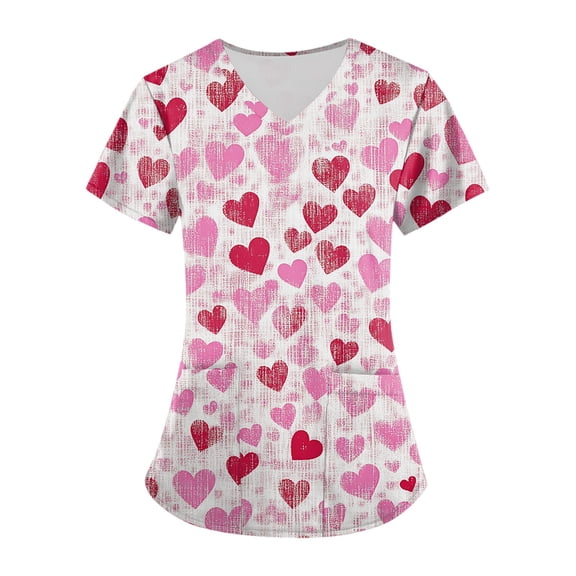 Iaqnaocc Scrubs for Women Tops Plus Size Cute Valentine's Hearts Print Scrub Top V-Neck Soft Comfy Short Sleeve Nursing Tops with Pockets Light pink XL