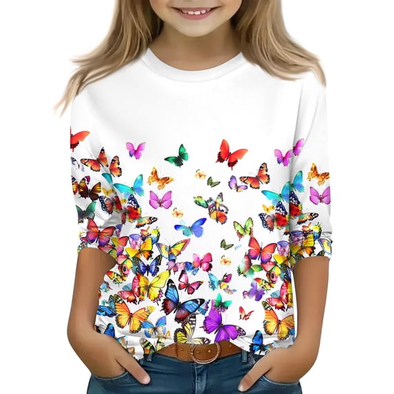 Iaqnaocc Shirts for Child Girls Size 7 3/4 Sleeve Cute Floral Print T-Shirts Girls Fashion Crew Neck Blouses Basic Casual Clothes for Teen Girls White 6-7 Years