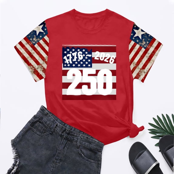 Iaqnaocc Shirts For Women 250 Anniversary Usa Shirt 1776-2026 Vintage 250 Years America Shirt Shirts Independence Day Round Neck Anniversary 2026 Summer 250th Anniversary Patriotic Tee Red L