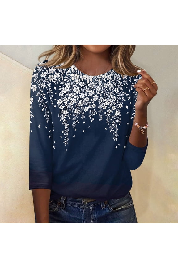 Shirts for Women 3/4 Sleeve Casual Round Neck Blouses Vintage Floral Print Tees Blouses Loose Fit Fall Spring T Shirts Navy M