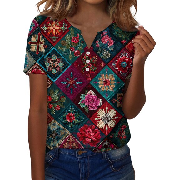 Iaqnaocc Summer Tops for Women Short Sleeve Dressy Casual V Neck Henley Blouses Vintage Floral Print Going Out Tops for Women Fashion Beach Vacation Tops Dark Green M