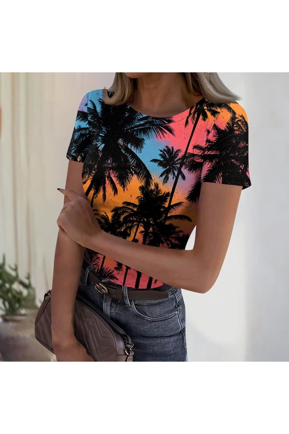 Summer Tops for Women Short Sleeve Ribbed Knit Slim Fitted Hawaiian Shirts for Women Cute Tropical Crew Neck Womens Tops Trendy Tight Stretch Holiday Tees Shirts Orange XL