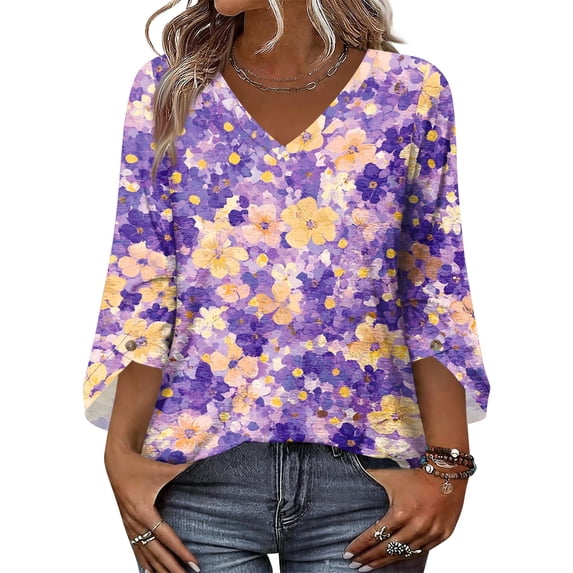 Iaqnaocc Summer Tops for Women 3/4 Sleeve Casual Crewneck Blouses Vintage Floral Print Tunic Tops Business Work Spring Day Clothes Purple M