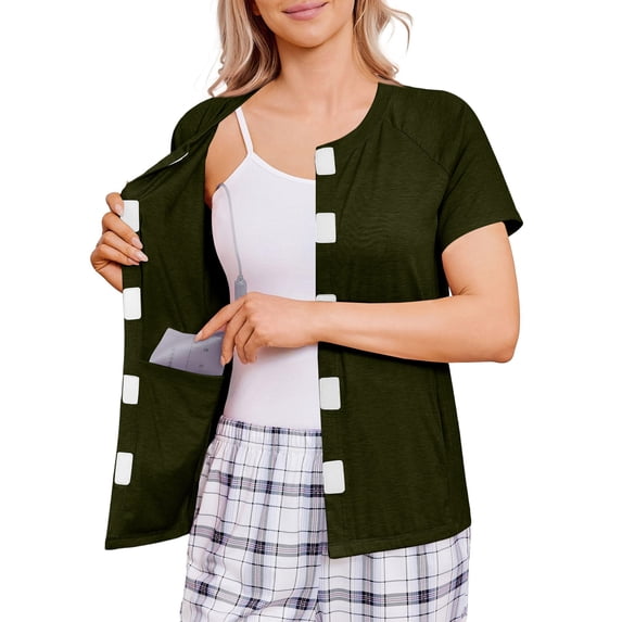 Iaqnaocc Surgery Scrubs for Women Hospital Chemo Shirts for Port Access Women Short Sleeve Nursing Scrub Tops Chemotherapy Must Haves Army Green With Pockets XL