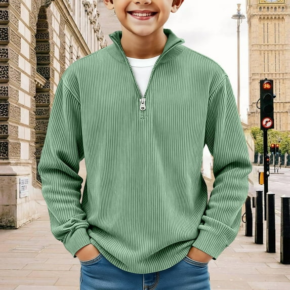Iaqnaocc Sweatshirts for Boys Quarter Zip Casual Lomg Sleeve Pullover Vintage Soild Size 7 Shirts Trendy Fall Clothes for Teen Boy Light Green 13-14Y